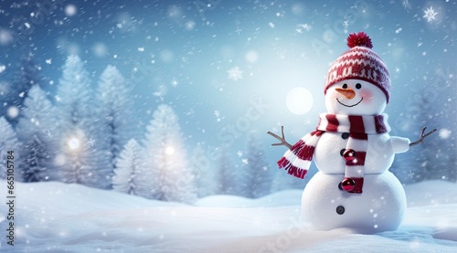 Happy snowman in the winter scenery. © Anowar