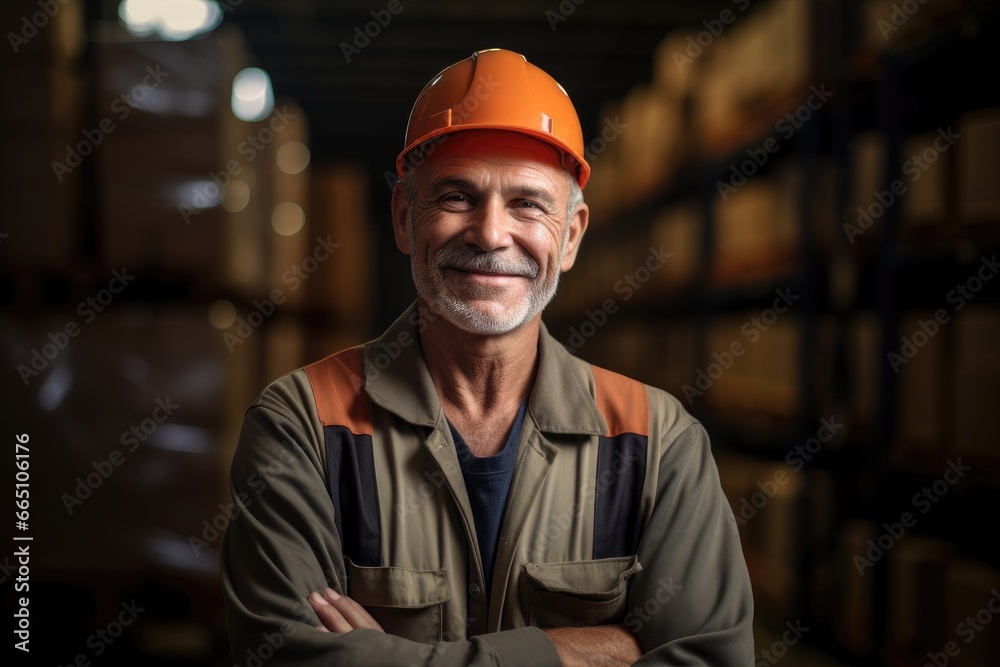 A worker in protective gear standing in an industrial storage facility A worker in protective gear standing in an industrial storage facility