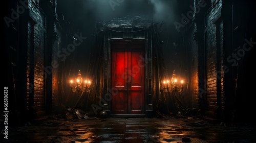 a red door in a scary room background