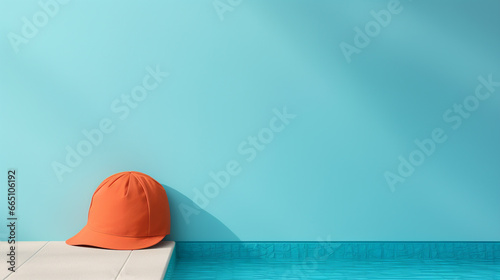 Orange cap next to a pool with blue wall background and copy space. cap ads and info concept photo