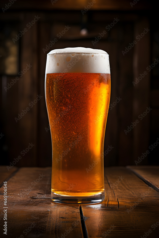 Draught beer in pint glass on old wooden table.