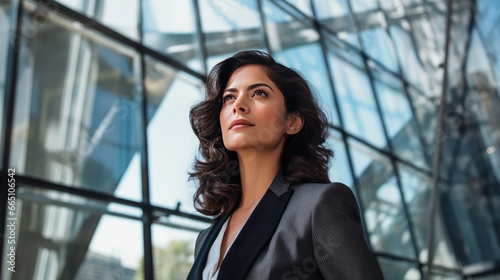Portrait of a young Mexican businesswoman in front of a modern corporate glass building © Krtola 