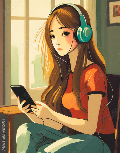 A young beautiful woman in a room listening to music pod from her headphone