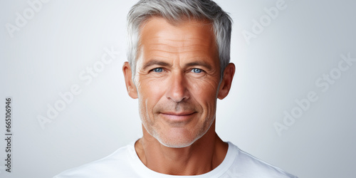 Portrait of Beautiful Older 50s 60s 70s Mid Aged Healthy Mature Man Isolated on White Background. Anti-aging Skin Care Beauty, Cosmetics Concept. Natural Beauty Product. photo