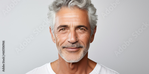 Portrait of Beautiful Older 50s 60s 70s Mid Aged Healthy Mature Man Isolated on White Background. Anti-aging Skin Care Beauty, Cosmetics Concept. Natural Beauty Product.