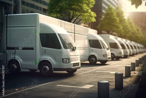 EV charging station amidst delivery vans. Generative AI © Brian