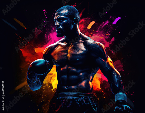 A boxer in a dramatic pose against a dark backdrop