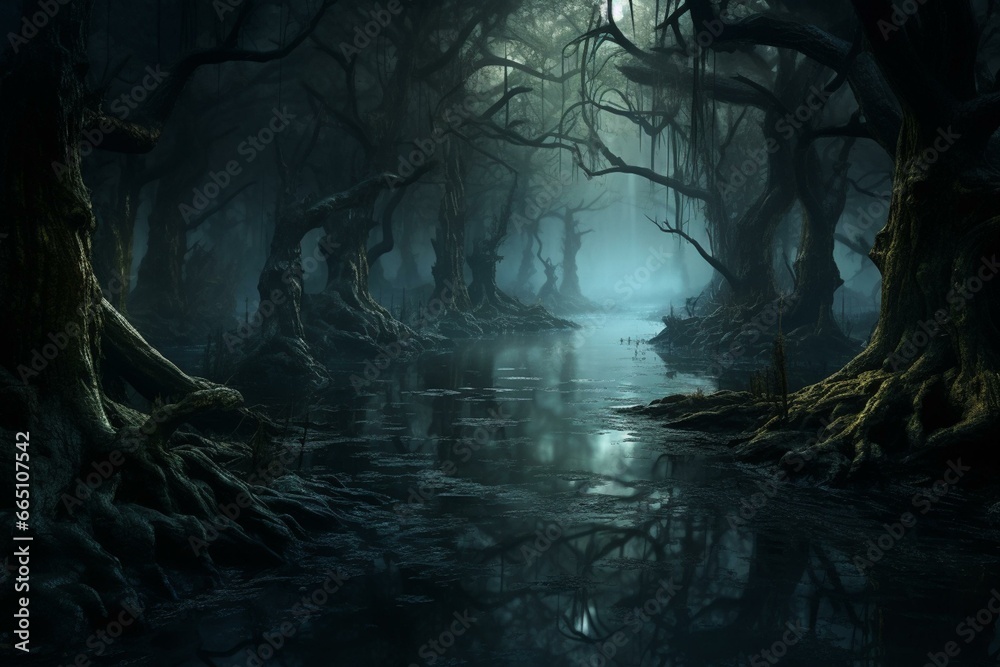 Mysterious swamp with spooky trees under moonlit night, surrounded by dark water. Generative AI - obrazy, fototapety, plakaty 