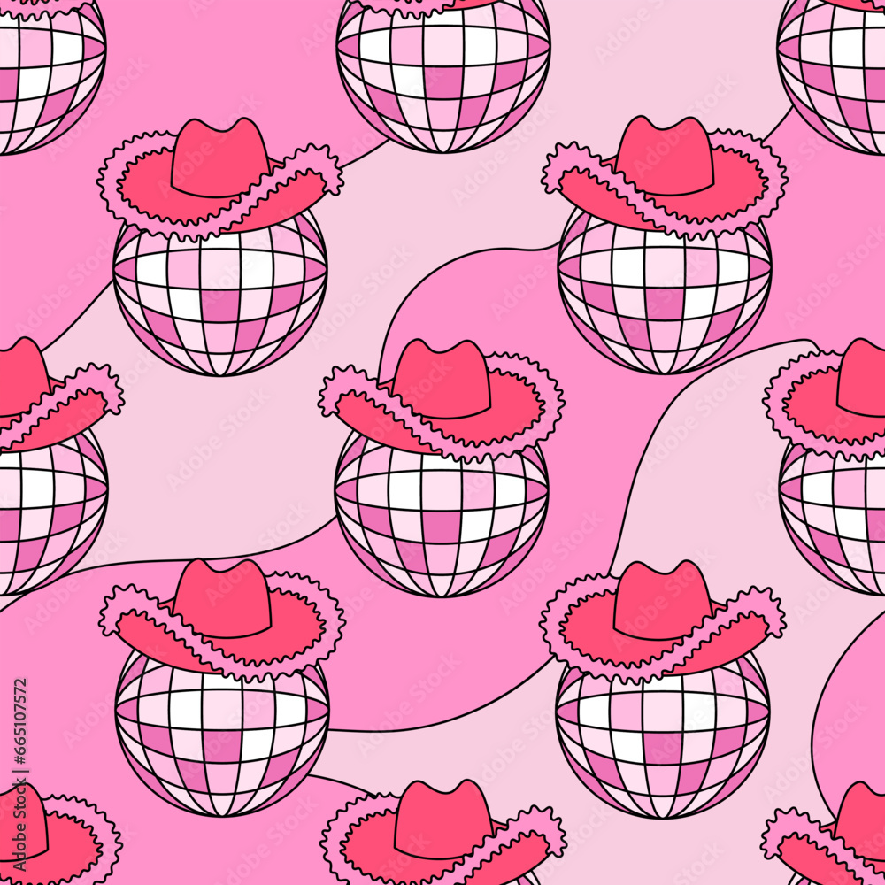 Psychedelic seamless pattern with pink disco balls and cowboy hats ...