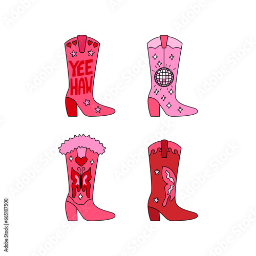 Set of pink outline cowboy boots with disco ball, butterflies and yeehaw word. Vector illustration in retro style. Western funky cowgirl accessories