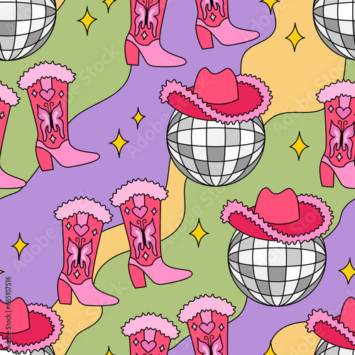 Seamless vector pattern with disco balls, cowboy hats and boots on wavy psychedelic background in retro 1960 style