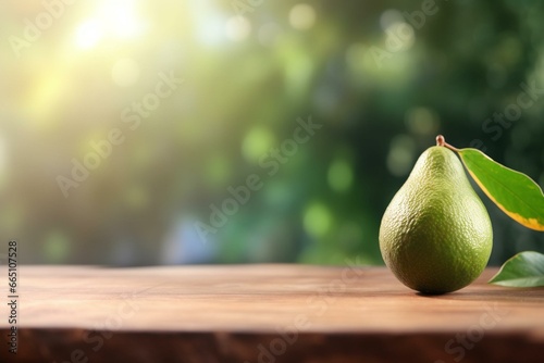 Empty wooden table with avocado tree and blurred background. Advertising product concept. Generative AI