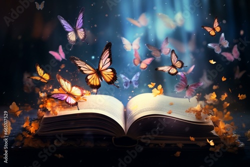 A book with flying butterflies, perfect for fantasy and literature backgrounds. Generative AI photo