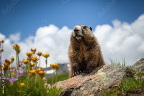 Groundhog sitting on rock  looking up at camera with mountain  flowers  blue sky  clouds. Generative AI
