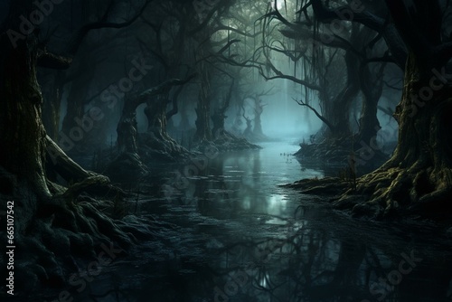 Mysterious swamp with spooky trees under moonlit night, surrounded by dark water. Generative AI © Koa
