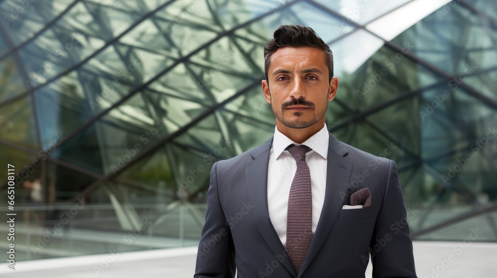 Portrait of a mid adult Mexican businessman in front of a modern corporate glass building Portrait of a mid adult Mexican businessman in front of a modern corporate glass building