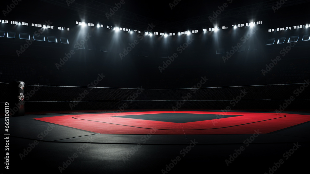 Empty fighting arena background with lights and spotlight.  Mixed Martial Arts Fighting Arena with copy space - obrazy, fototapety, plakaty 
