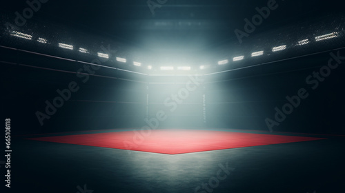 Empty fighting arena background with lights and spotlight. Mixed Martial Arts Fighting Arena with copy space