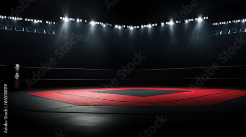 Empty fighting arena background with lights and spotlight.  Mixed Martial Arts Fighting Arena with copy space © Strabiliante