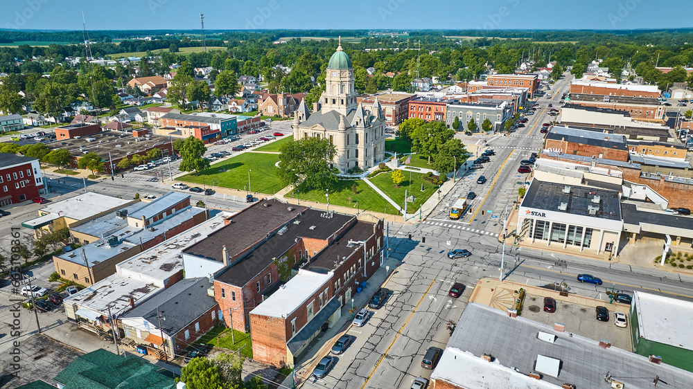 Downtown Columbia City aerial of shops and Whitley County courthouse