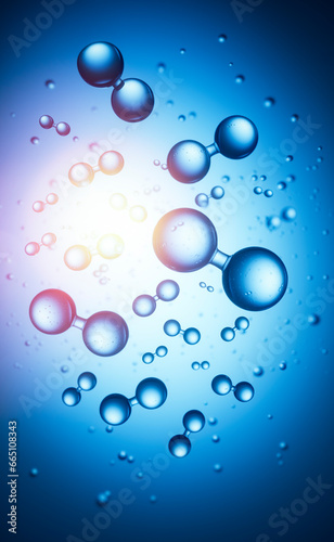 Models of hydrogen molecules floating against blue background - H2 scientific element - 3D illustration