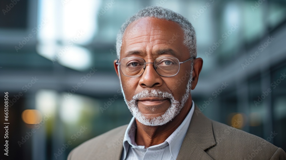 Portrait of a senior African American businessman in front of a modern corporate glass building Portrait of a senior African American businessman in front of a modern corporate glass building