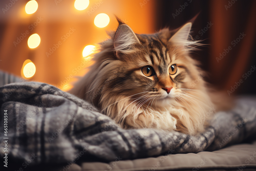 Adorable cute cat relaxing on couch in living room decorated with Christmas ornaments Adorable cute cat relaxing on couch in living room decorated with Christmas ornaments