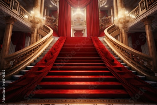 A grand staircase leading to an opulent room with red curtains photo