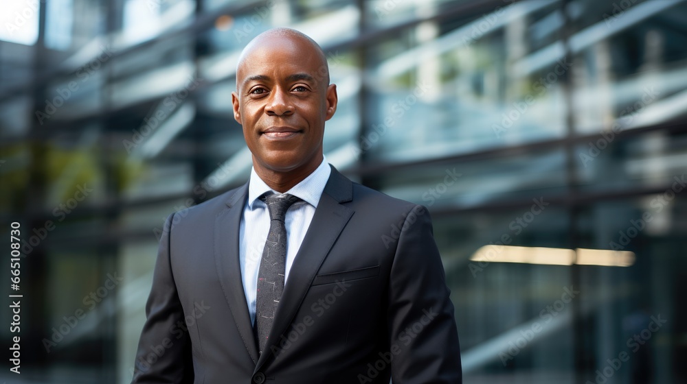 Portrait of a senior African American businessman in front of a modern corporate glass building Portrait of a senior African American businessman in front of a modern corporate glass building