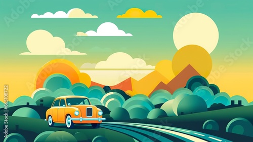 Animated GIF of a Car Driving Through a Hilly Landscape with Luggage Box on Top  in Yellow  Blue  and Green.