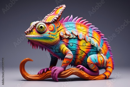 A vibrant toy chameleon perched on a tabletop © pham
