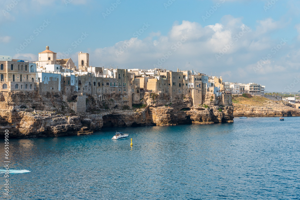 View of Polignano a Mare from the Adriatic seafront, province of Bari, Puglia, Italy