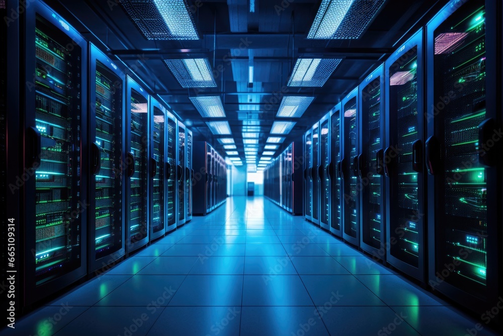 Fototapeta premium A network of high-performance servers in a state-of-the-art data center