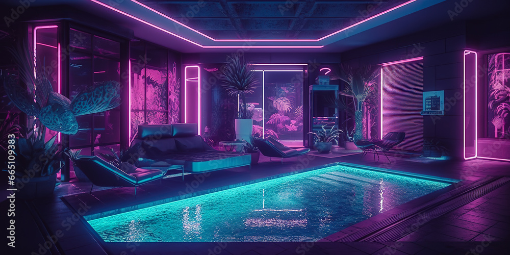 Luxurious cyberpunk-style hotel spa with a futuristic indoor pool area and oriental-inspired furniture in optimistic bright neon colors. Synthwave style interior. Generative AI - obrazy, fototapety, plakaty 