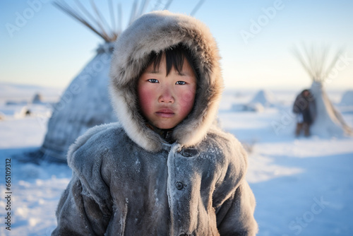 A young mongolian boy wearing a furry coat in the snow created with Generative AI technology photo