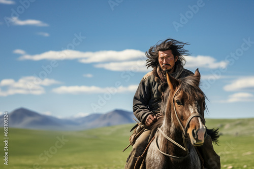 A man riding on the back of a brown horse created with Generative AI technology