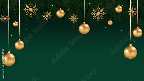 Christmas background with fir branches and golden balls, golden snowflakes on a green background. Festive design template for winter holidays.