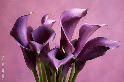 Bouquet of purple calla lilies against purple background.