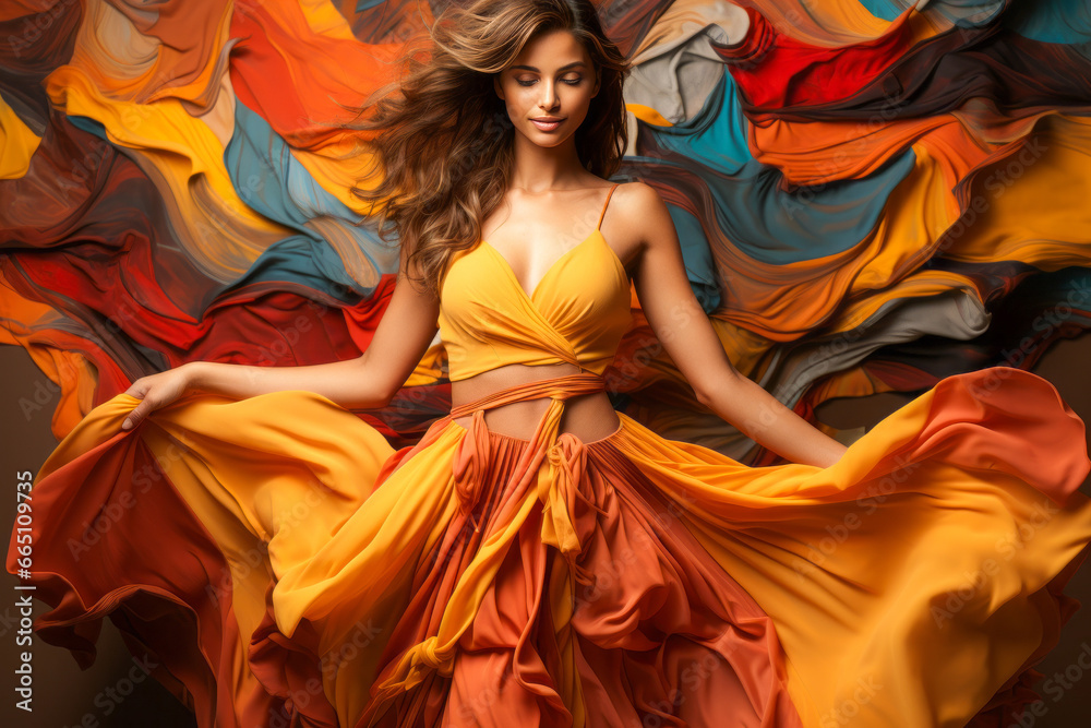 Young woman spreading multicolored dress amid rainbow fabrics Young woman spreading multicolored dress amid rainbow fabrics