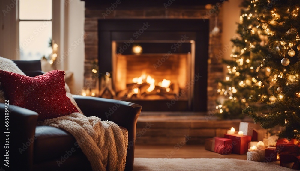 Illuminated Cozy Living Room with Fireplace and Stockings