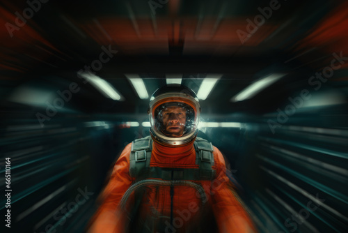 Intense close-up of an astronaut surrounded by dynamic speed lights in a futuristic spaceship. The gaze reveals a sense of determination and focus. Generative AI. photo