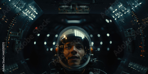 Intense gaze of an astronaut inside a technologically advanced spaceship, surrounded by an array of illuminated controls and panels. Adventure beyond Earth. Generative AI. photo