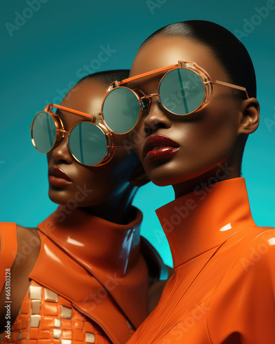 A captivating image of two black women in chic orange attire, their reflective sunglasses adding a touch of mystique and sophistication. Generative AI.
