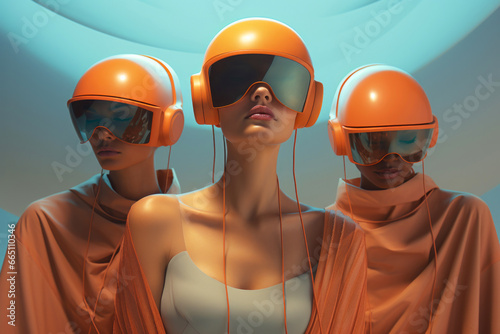 Three futuristic women donned in orange helmets and visors stand against a calming blue background, capturing a surreal blend of technology and fashion. Generative AI. photo