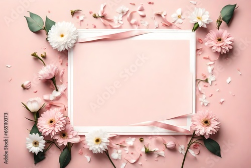 White blank card with pastel flowers and ribbon on pink pale background, floral frame. Creative greeting, Invitation
