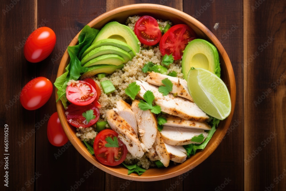 salad with tomatoes, chicken, avocado top view