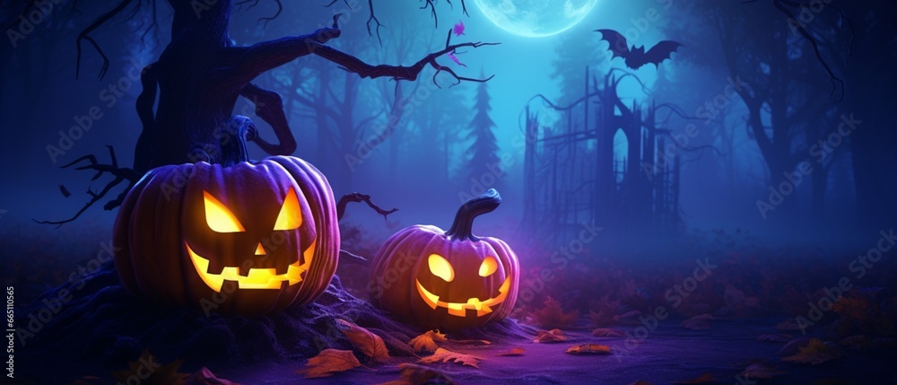 halloween pumpkin with bats and moon background, Spooky 3d Illustration Full Moon Night In The Cemetery With A Jack O Lantern Happy Halloween Banner Background. Generative AI