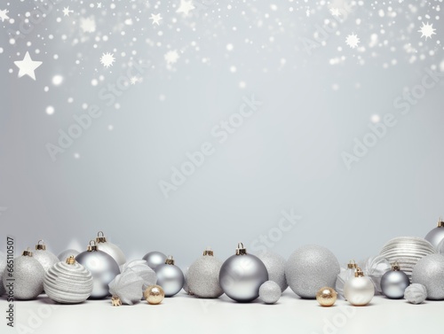 Silver Christmas Balls Hanging on a Snowy Background 