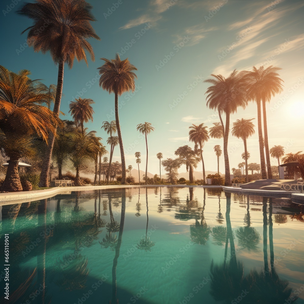 palm tree resort landscape illustration. - obrazy, fototapety, plakaty 