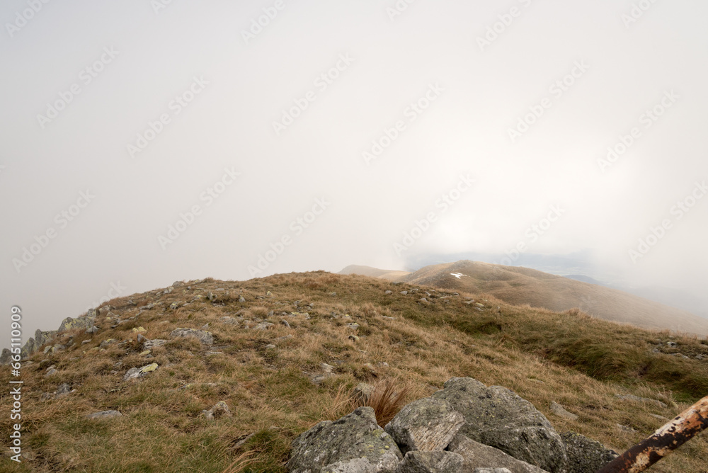 Cloudy autumn day on mountain ridge between Skalka and Kotliska in Nizke Tatry mountains in Slovakia